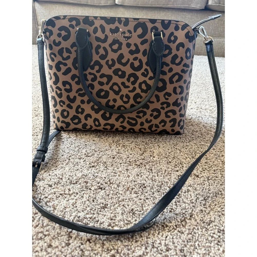 Kate Spade New York Darcy Leopard Cheetah Print Leather Purse Tote Bag Tan Black